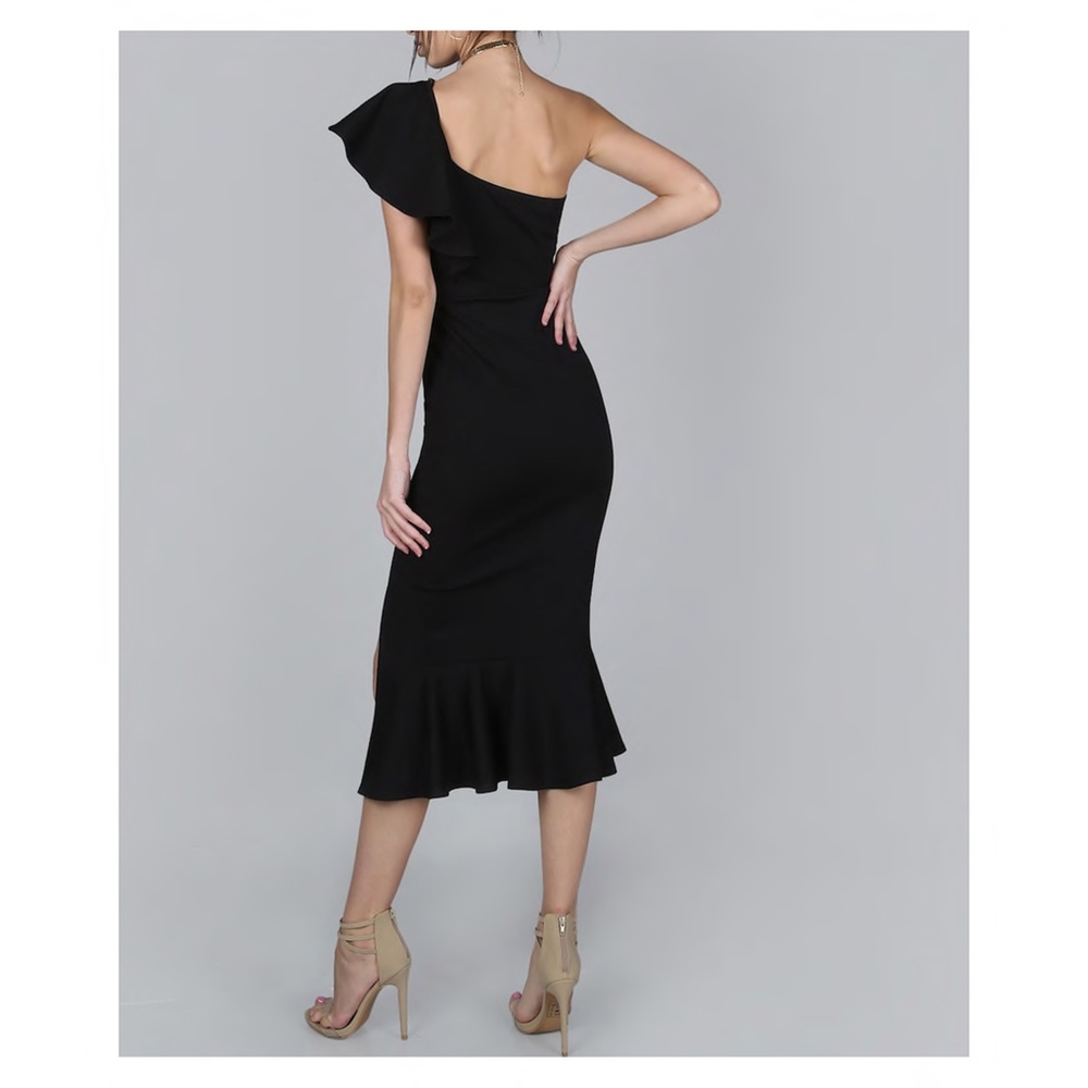 Black One Shoulder Ruffle Bodycon Midi Dress - Picture 3 of 6